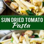 This recipe for sun dried tomato pasta is penne pasta with sauteed chicken and spinach, tossed in a creamy garlic sauce. An easy dinner that the whole family will love!