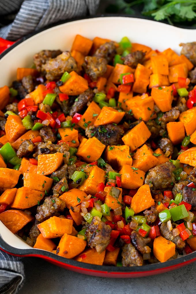 Hash with sweet potatoes, sausage and vegetables.