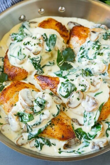 Chicken florentine in a creamy spinach sauce.