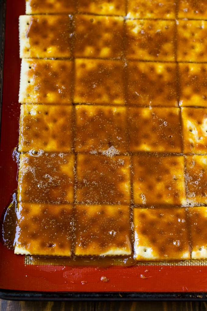 Saltine crackers topped with butter and brown sugar toffee.