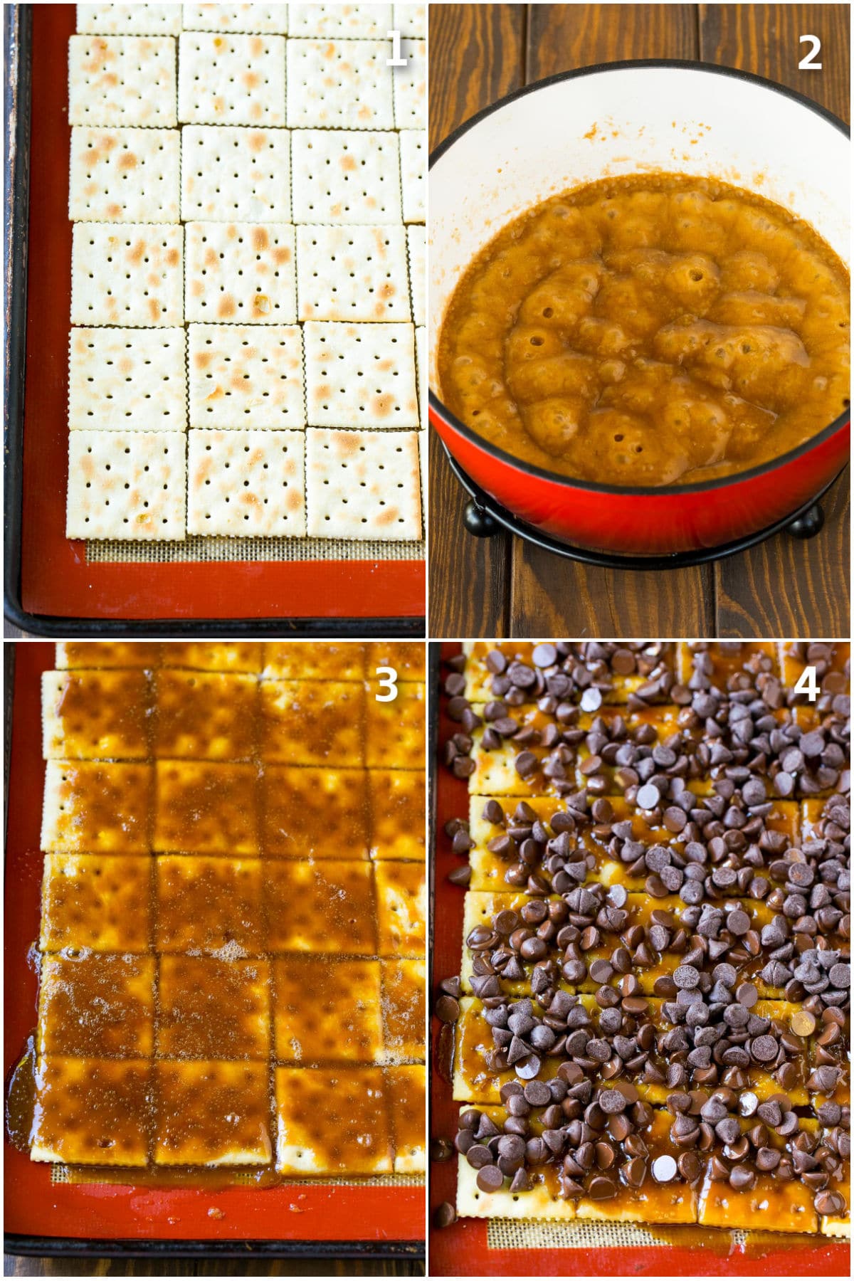 Step by step process shots showing how to make Christmas crack.