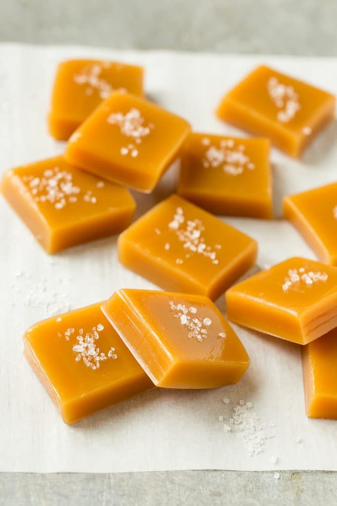Squares of caramel topped with coarse salt.