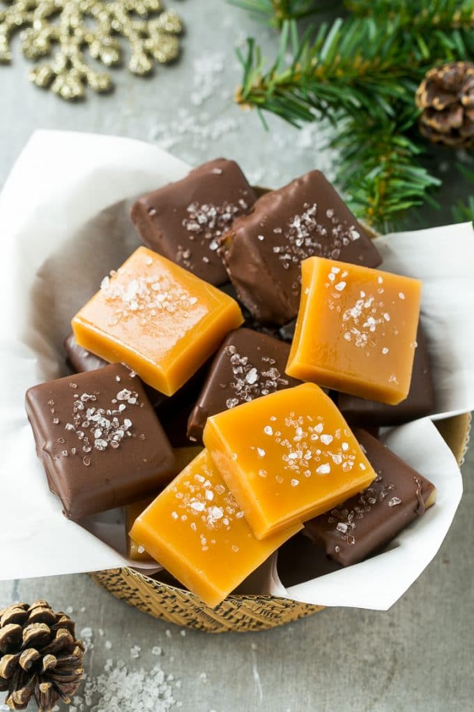 Microwave caramels dipped in chocolate and finished with a sprinkle of sea salt.