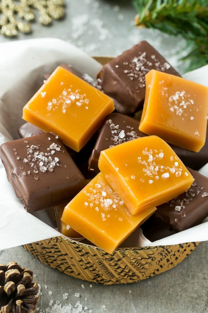 A basket of microwave caramels topped with sea salt.