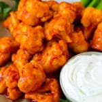 Buffalo cauliflower coated in spicy sauce and served with ranch dip.