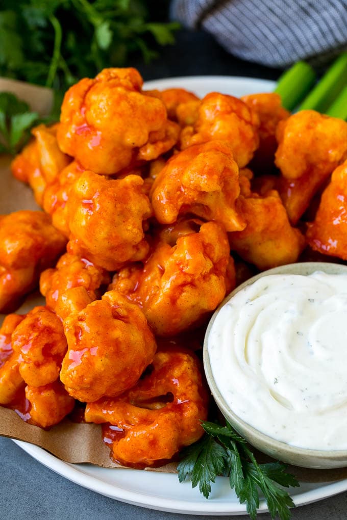 Buffalo cauliflower coated in spicy sauce and served with ranch dip.