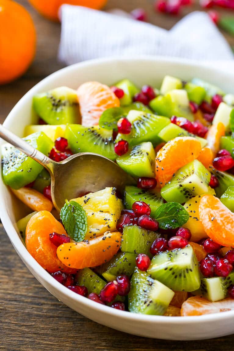 This winter fruit salad is tossed in a honey poppy seed dressing.