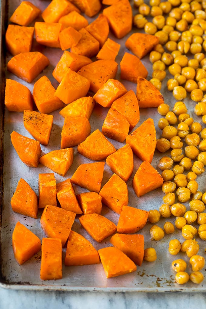Roasted sweet potatoes and chickpeas.