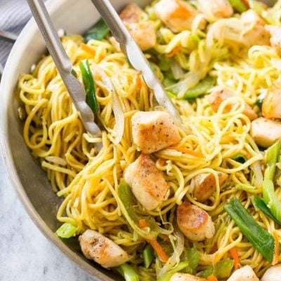 This easy chicken chow mein recipe is full of seasoned chicken, veggies and noodles, all tossed together in a savory sauce. It's so much better than take out!