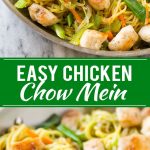 Two images of easy chicken chow mein in a pan.