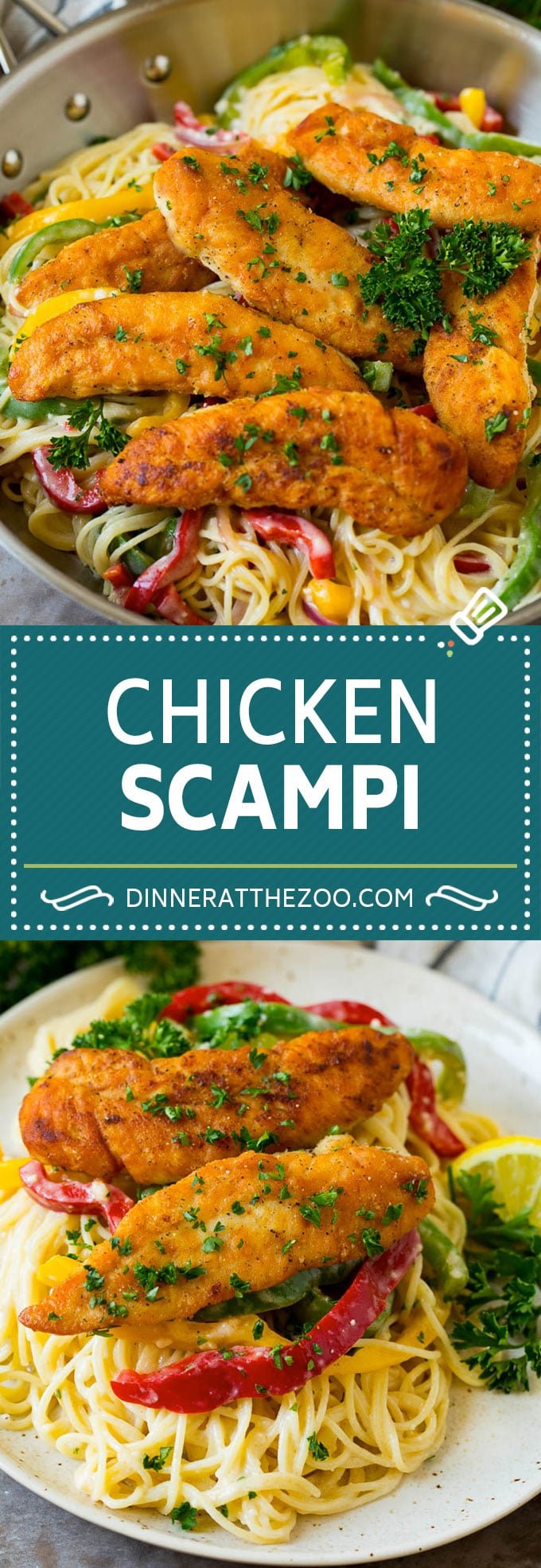 This chicken scampi recipe is golden brown chicken tenderloins with peppers and onions over pasta, all tossed in a white wine and butter sauce.