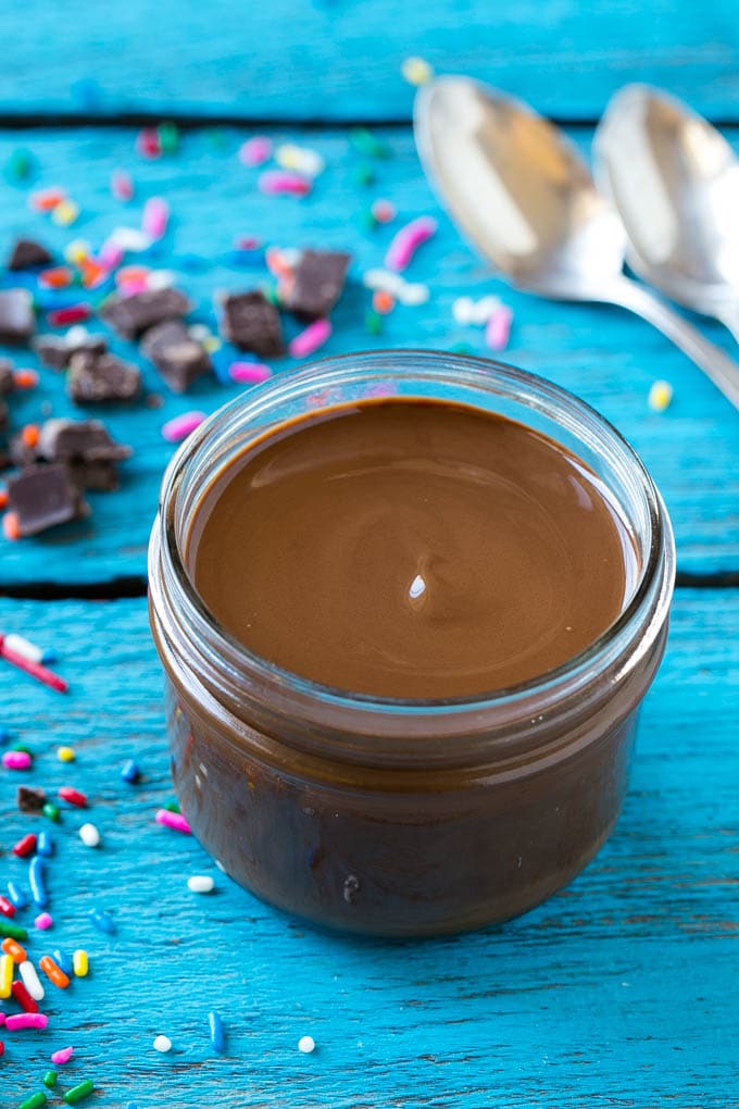 A jar of chocolate magic shell.