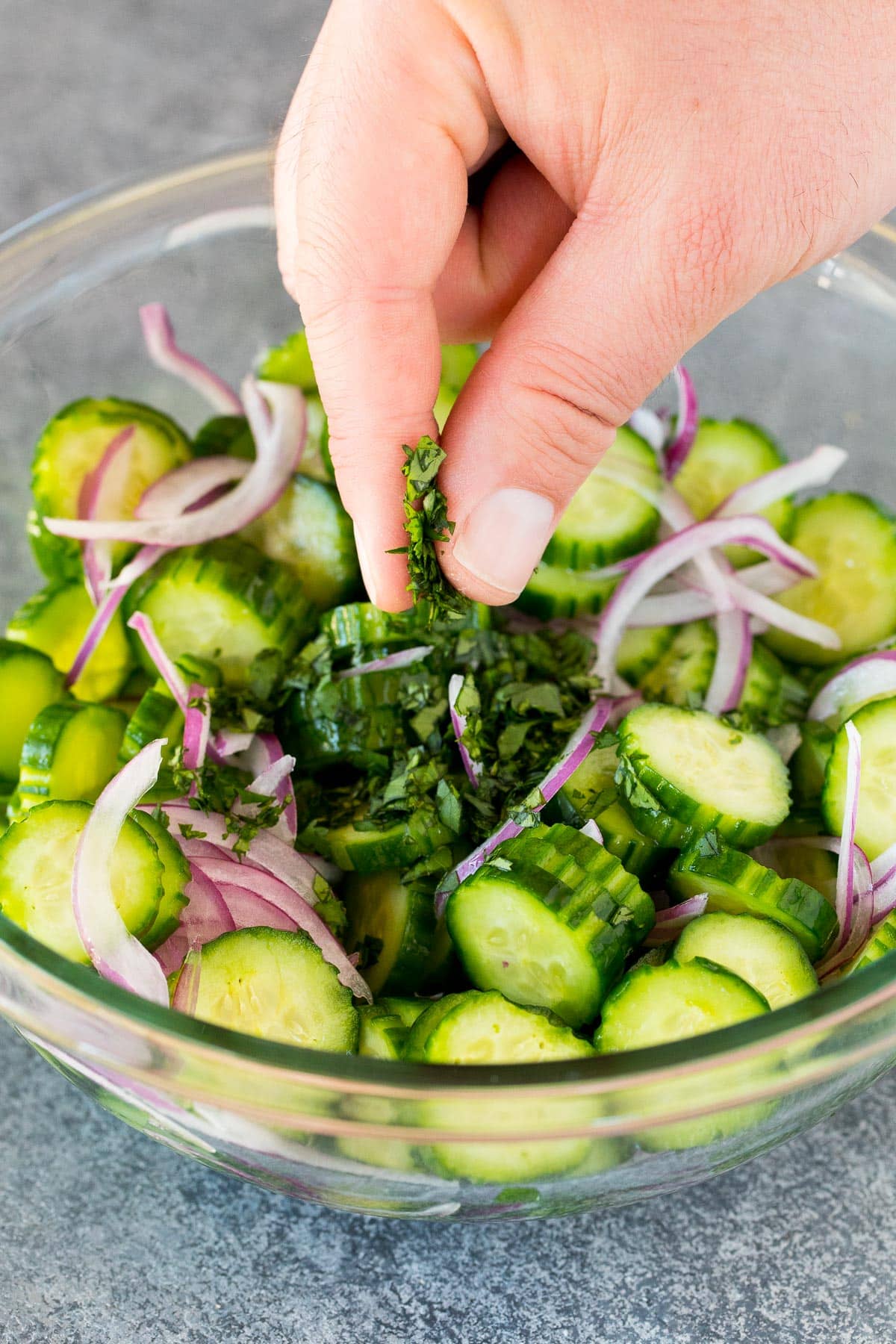 Cilantro being sprinkled over cucumber salad.