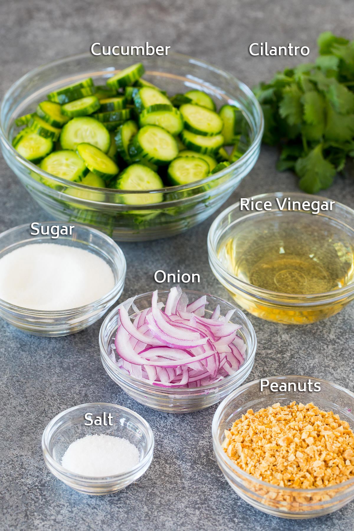 Bowls of cucumber, red onion, seasonings and peanuts.