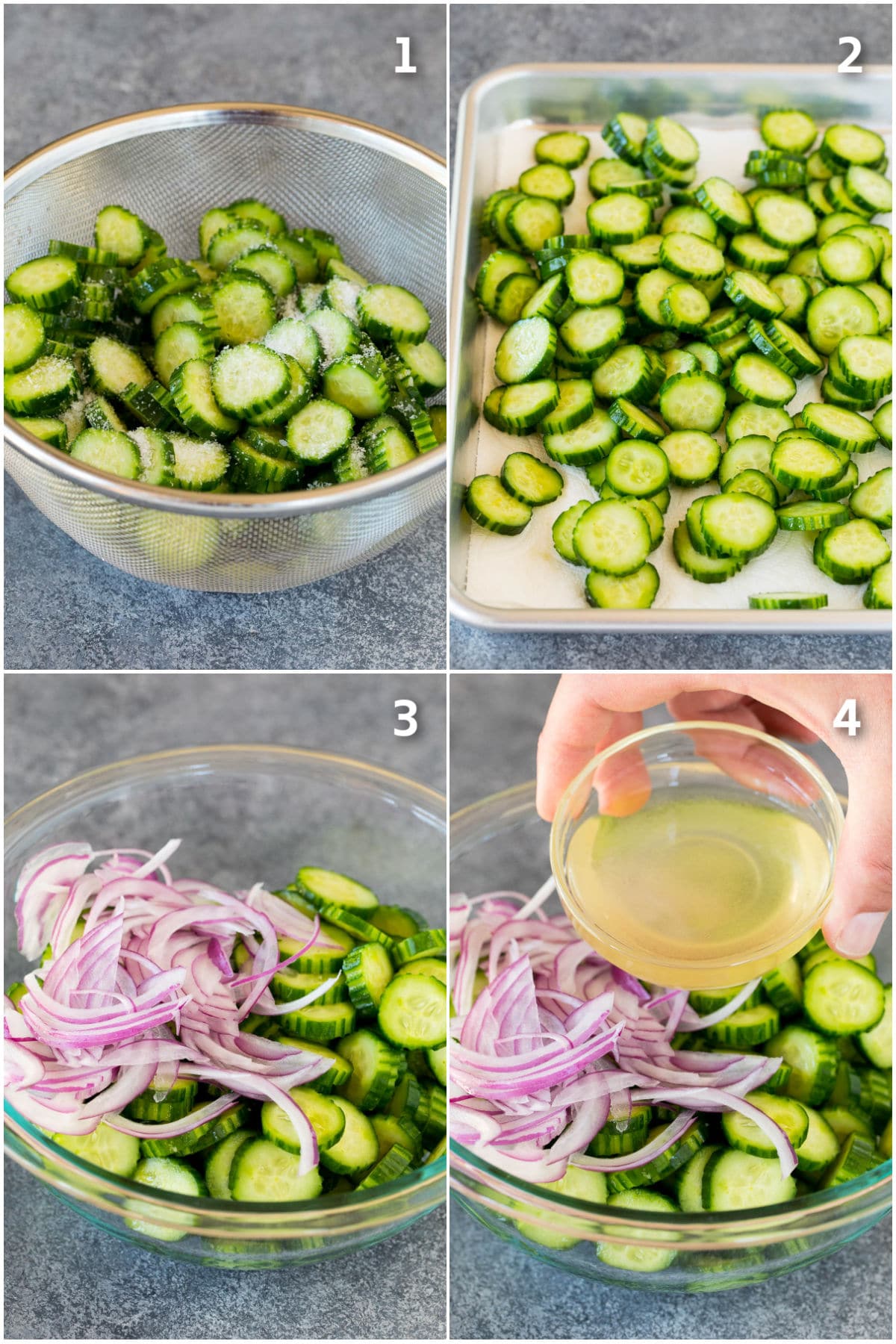 Step by step shots showing how to make Thai cucumber salad.