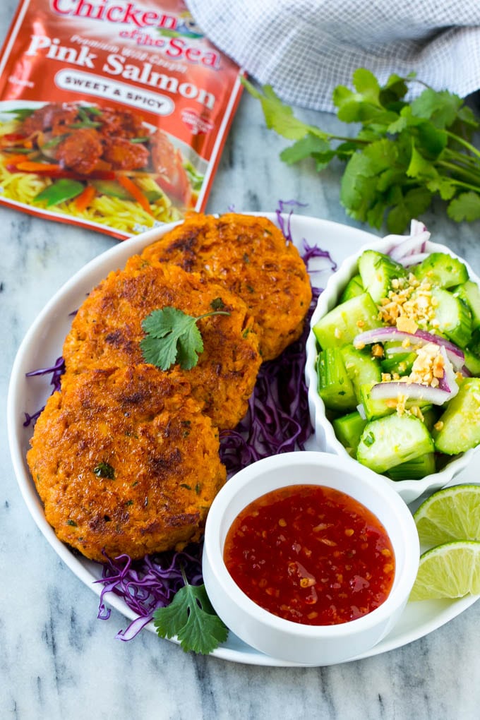 A platter of fish cakes made with pouches of salmon.