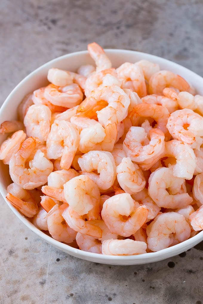 Cooked shrimp in a serving bowl.