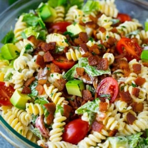 BLT pasta salad in a creamy ranch dressing.