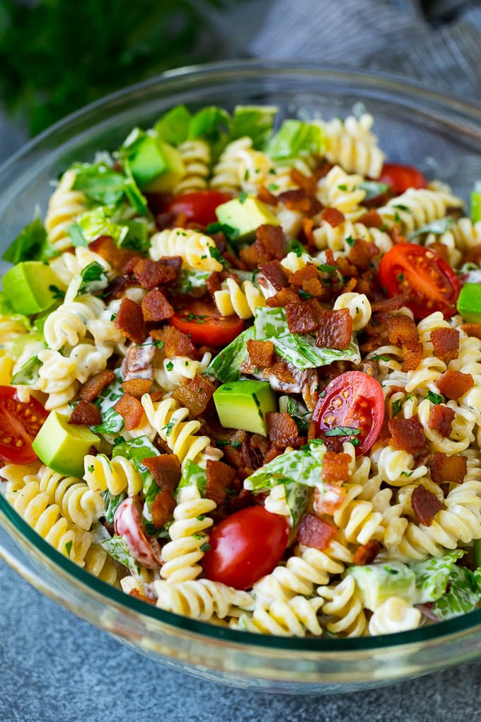 BLT pasta salad in a creamy ranch dressing.