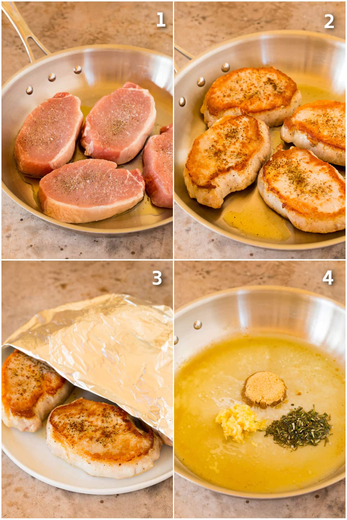 Step by step shots showing how to sear boneless pork chops and make butter sauce.