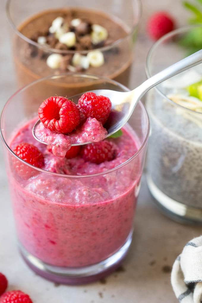 A spoonful of raspberry chia pudding.