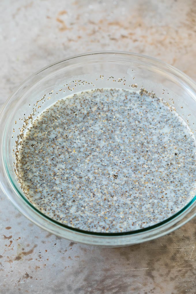Chia pudding in a mixing bowl.