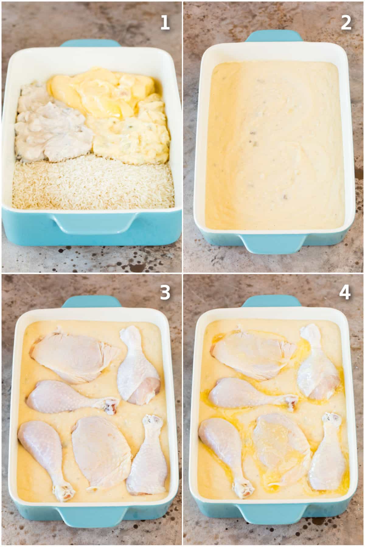 Step by step shots showing rice mixed with soup and topped with chicken.