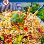 This easy Asian noodle salad recipe is ramen noodles and colorful veggies all tossed in a sesame hoisin dressing.