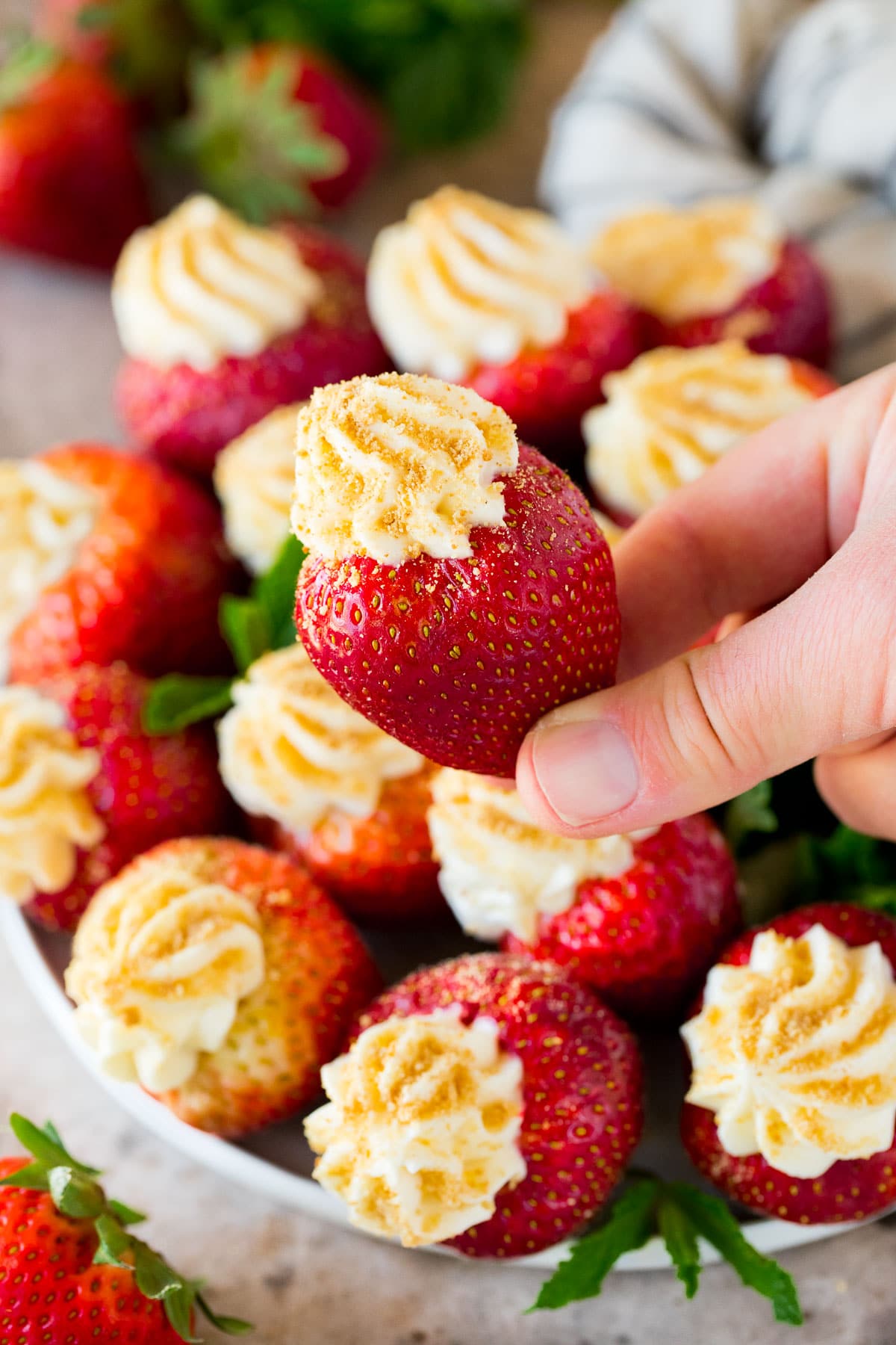 A hand picking up a cheesecake stuffed strawberry.