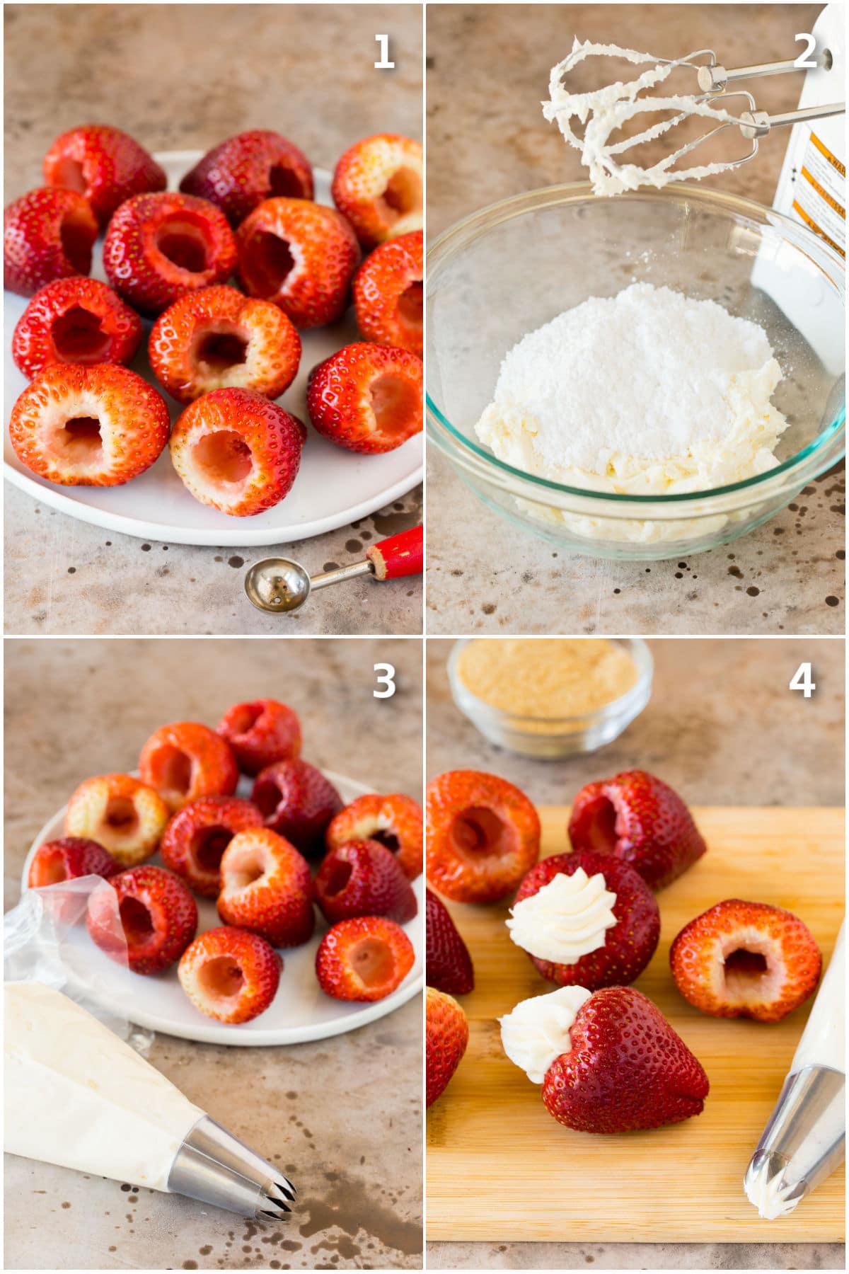 Step by step shots showing how to stuff strawberries with cheesecake.
