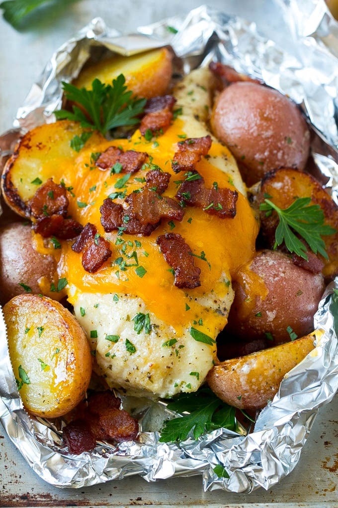 A bacon ranch chicken foil packet with potatoes.