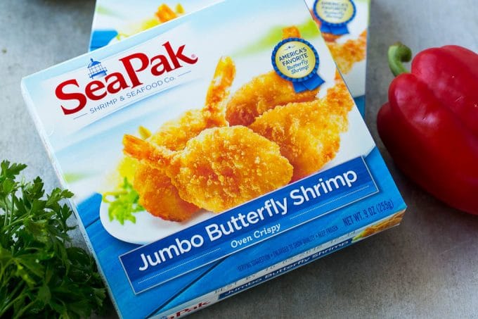 A box of SeaPak butterfly shrimp.