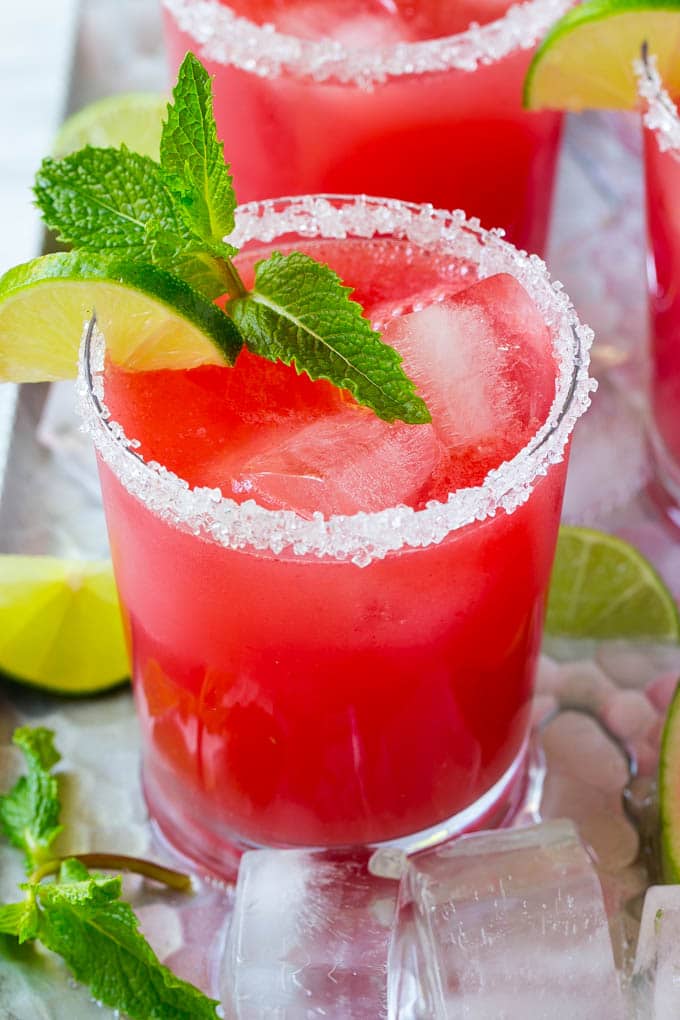 A glass of agua fresca made with fresh watermelon.