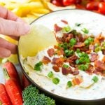 A bowl of creamy dip topped with bacon and green onions.