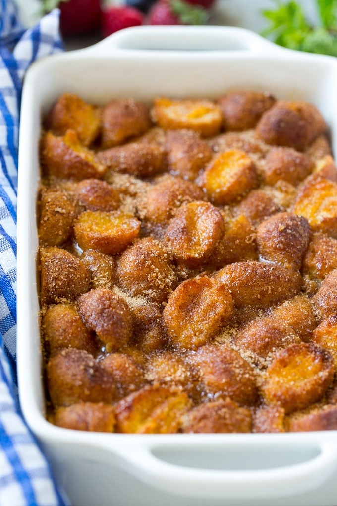 A baking dish of cinnamon sugar donut bread pudding.