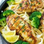 A pan of chicken and broccoli pasta in a creamy lemon sauce.