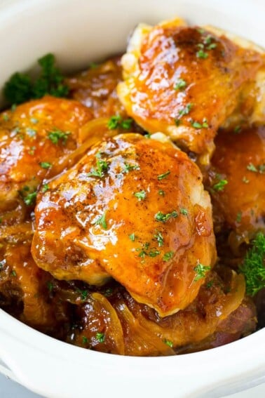 A close up of slow cooker apricot chicken.