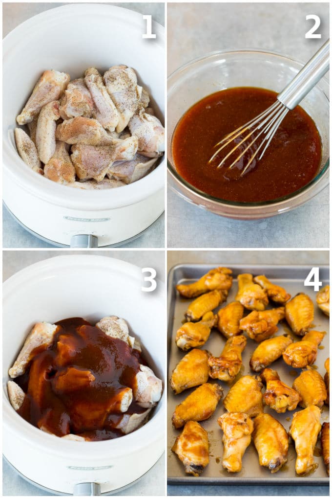 Wings in a crock pot with homemade sauce poured over the top then on a sheet pan to broil.