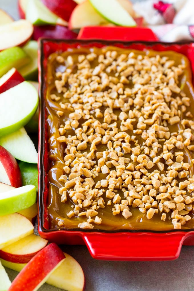 Caramel apple dip topped with toffee bits.