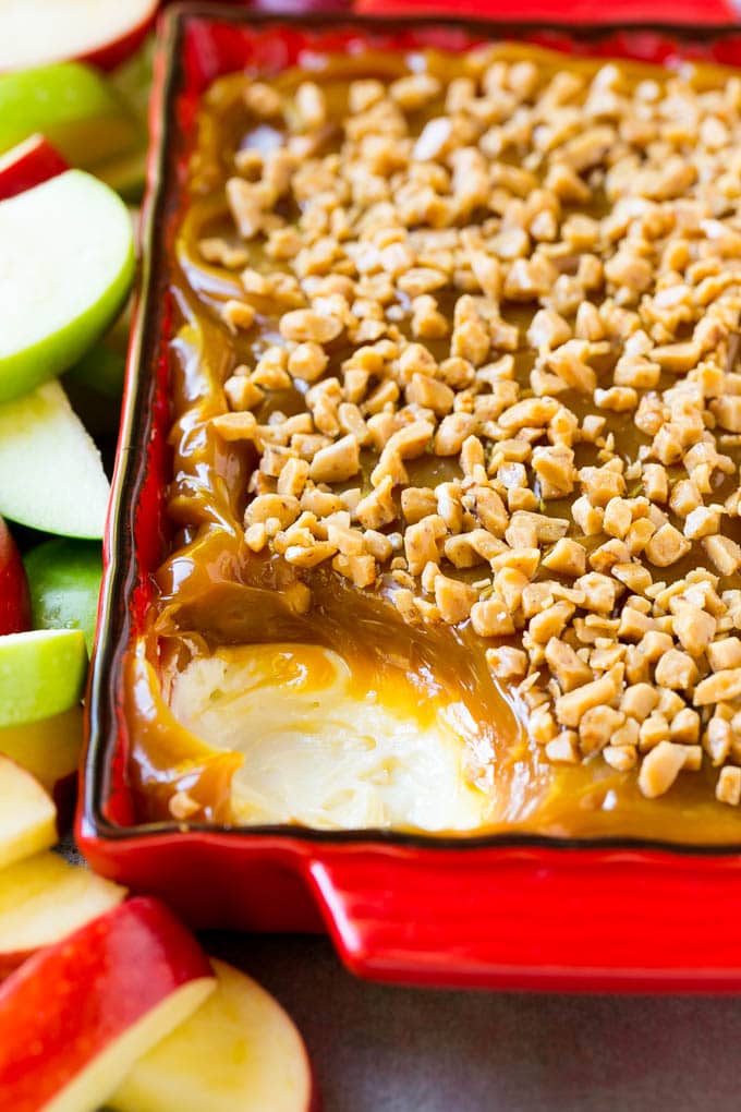 Caramel apple dip with a layer of cream cheese.