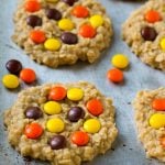 A sheet pan with no bake peanut butter cookies on it.