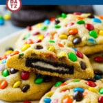 These Oreo stuffed cookies consist of brown sugar cookie dough that's loaded with miniature M&M's and wrapped around an Oreo cookie.