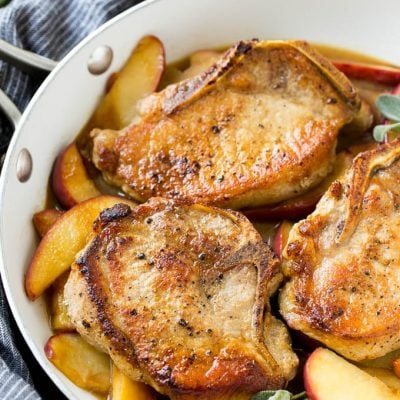 A pan of apple pork chops.