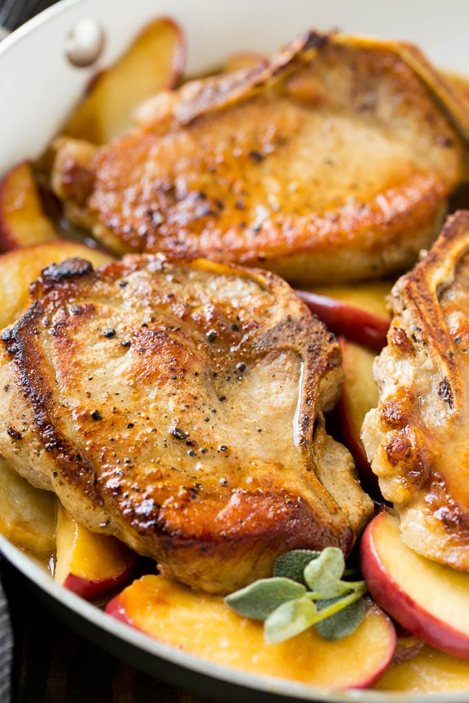 Bone in apple pork chops cooked in apple cider.