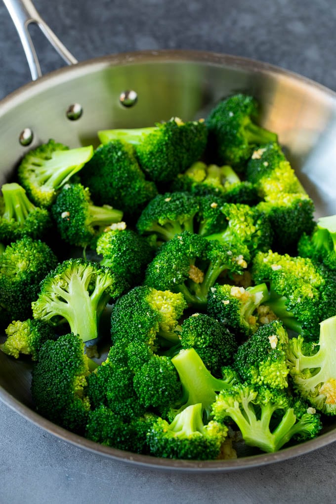 Broccoli, garlic and ginger in a pan.