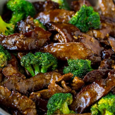 Beef and broccoli stir fry in a pan.