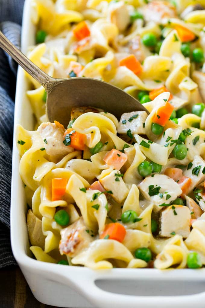 This simple chicken noodle casserole is a complete meal in one pan.