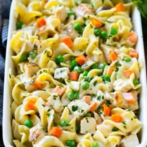 This chicken noodle casserole is diced chicken, veggies and egg noodles all in a creamy sauce.