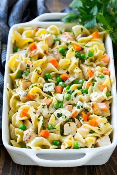 This chicken noodle casserole is diced chicken, veggies and egg noodles all in a creamy sauce.