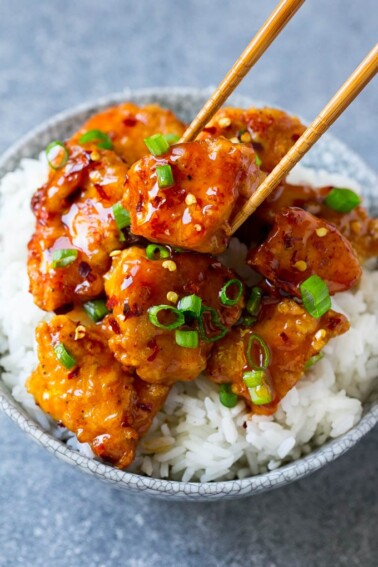 A bowl of sweet and spicy firecracker chicken.